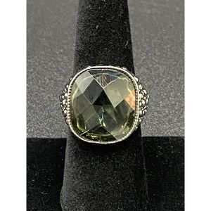 Textured Ring Sz 7 - 8.5 Gunmetal With Smoky Cut Glass Adjustable